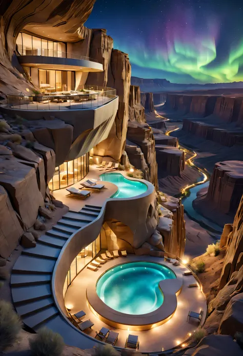 towering steep and towering high desert canyon cliff resort wild luxury special-shaped hotel's volley design, asymmetric desert ...