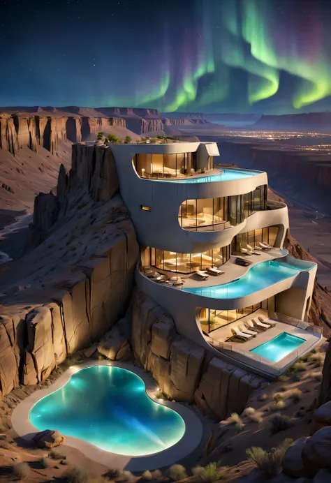 towering steep and towering high desert canyon cliff resort wild luxury special-shaped hotel's volley design, asymmetric desert ...