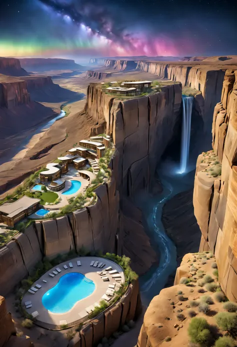 towering steep and towering high desert canyon cliff resort wild luxury special-shaped hotel's volley design, asymmetric desert ...