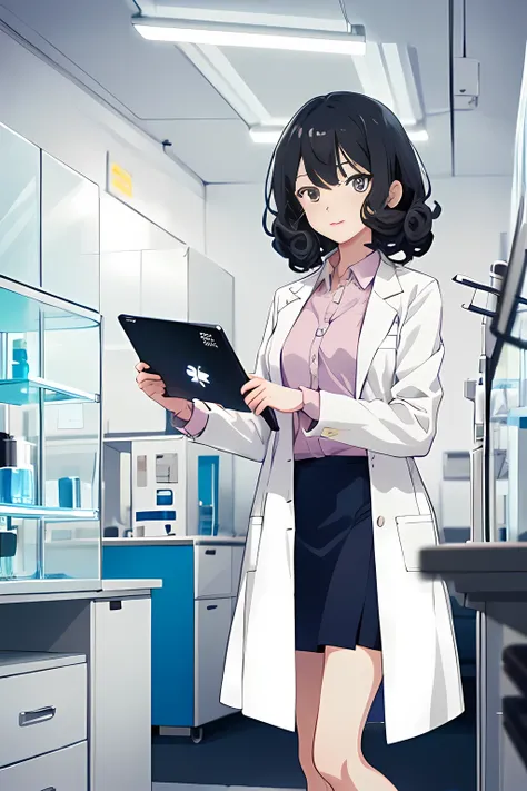 An anime illustration of a 27 year old girl, wearing a lab coat and skirt, Blick auf den Betrachter, in einer Laboranlage, holds an iPad, lockiges kurzes Haar, schwarzes Haar, (Dynamische Pose), LED Lichter, Anime, Illustration, detailliertes Gesicht