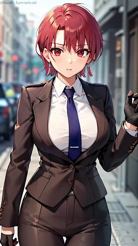 (masterpiece, best quality:1.2), bazett, fgo, 1girl, solo, short hair, red hair, bangs, red eyes,  large breasts, black gloves, ...