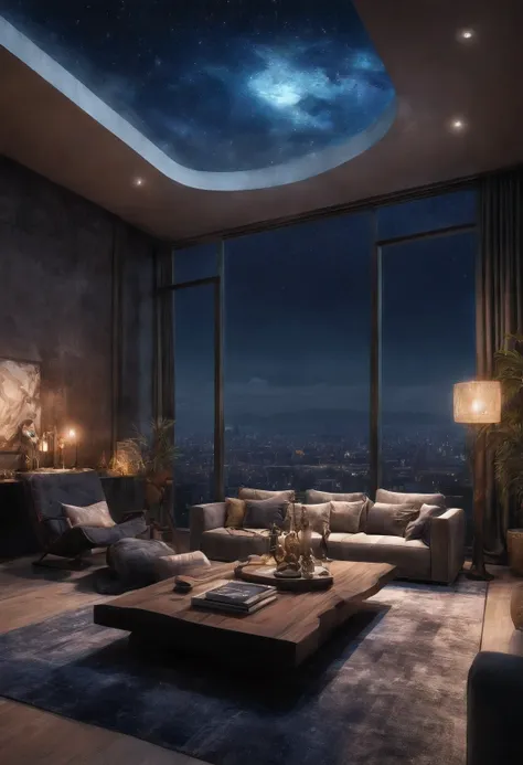  living room with night view or night sky, in the style of frostpunk, thom mayne, maximalism, richly layered, 32k uhd, cabincore, meticulous design --ar 61:108
