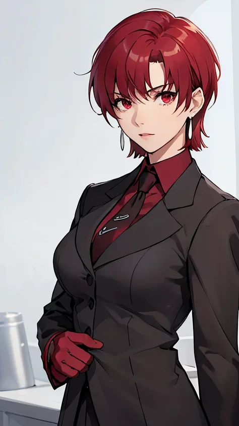 (masterpiece, best quality:1.2), bazett, fgo, 1girl, solo, short hair, red hair, bangs, red eyes, large breasts, black gloves, formal suit, necktie, jacket, upper body, earrings,
