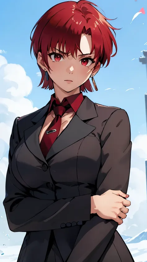 (masterpiece, best quality:1.2), bazett, fgo, 1girl, solo, short hair, red hair, bangs, red eyes,  large breasts, black gloves, formal suit, necktie, jacket, upper body, earrings, 