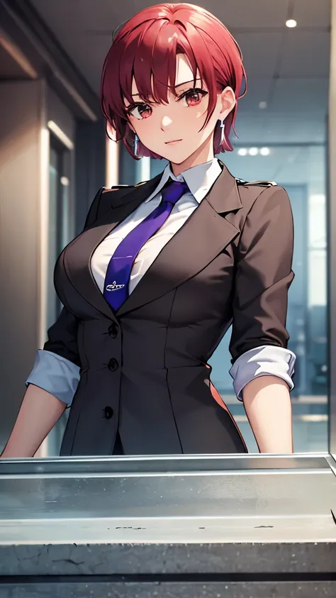 (masterpiece, best quality:1.2), bazett, fgo, 1girl, solo, short hair, red hair, bangs, red eyes,  large breasts, black gloves, formal suit, necktie, jacket, upper body, earrings, 