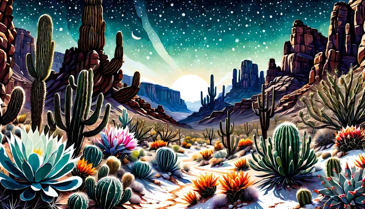 wide shot desert canyon illustration, midnight art, dim snow, cactus glass flower, natural lighting, dynamic angle, cinematic st...