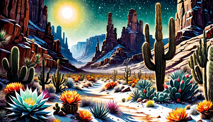 wide shot desert canyon illustration, midnight art, dim snow, cactus glass flower, natural lighting, dynamic angle, cinematic st...