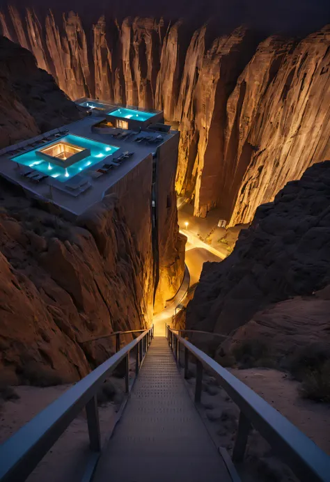 towering precipitous towering desert canyon cliff resort wild luxury alien hotel volley design，（asymmetric high and low canyons）...