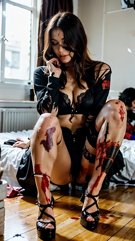 damn beautiful, sporty girl (blood everywhere), deutlich nackt, bauchnabelpiercing, Tattoos, High Heels, beinahe Tod (blood everywhere), Smartphone in der Hand, Blondes haar, Schlafzimmer (Luxus)