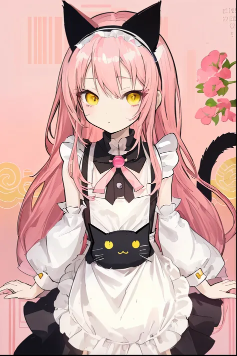 cute anime girl with long pink hair and yellow eyes, small chest size, loli short height, slim body, wearing white maid outfit and cat headband