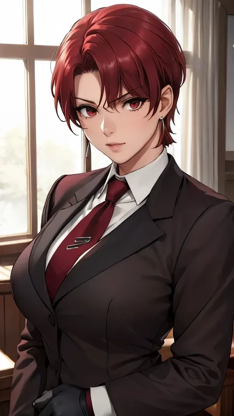 (masterpiece, best quality:1.2), bazett, fgo, 1girl, solo, short hair, red hair, bangs, red eyes,  large breasts, black gloves, formal suit, necktie, jacket, upper body, earrings, 