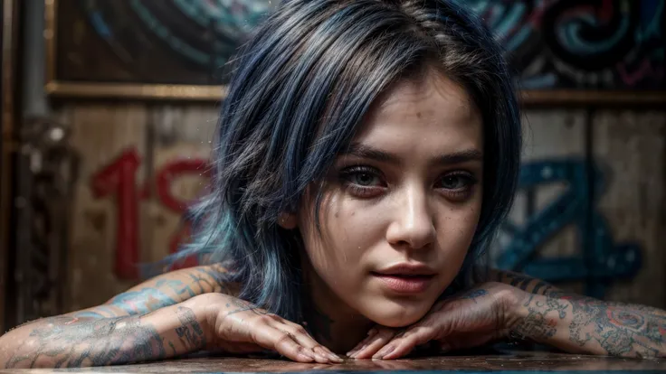 (best quality,4k,8k,highres,masterpiece:1.2),ultra-detailed,(realistic,photorealistic,photo-realistic:1.37),detailed blue hair, detailed face, piercing on the nose, vibrant colors, studio lighting, young girl, fashionable appearance, confident expression, ...