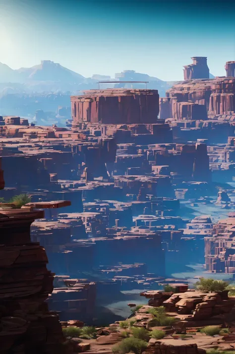 Desert canyon on a metal cybernetic planet in a remote corner of the universe, planetary landscape, Desert Canyon, cyberpunk, metal planet, high detail, science fiction, cinematic frame, maximum realism