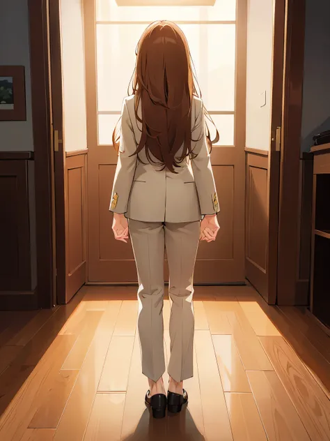 back view, Bright chestnut medium long hair、beige suit、Are standing、brown eyes、Alone