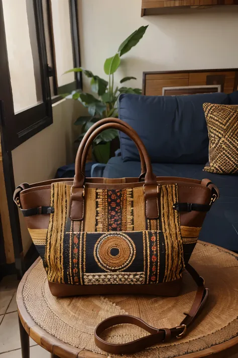 creates a beautiful handbag model of African motifs. The bag is placed on a table
