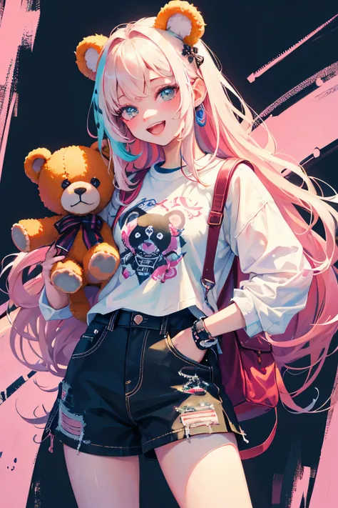 （illustratio：1.3）Teddy bear with girl smiling with open mouth,Painted with multicolored inks,Punk style,Innocent Teddy Bear,Radiant,Delicate,high-level image quality,Honey is dripping