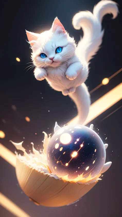 cute little surreal white cat, Little, adorable fluffy, logo design, comics, cinematic lighting effects, Attractive,  cute and quirky, fantasy art, Bokeh, digital painting, soft lighting, isometric style, 4K resolution, photorealistic rendering, very detai...