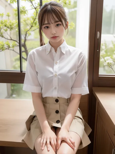 (button down shirt, skirt: 1.2), ((of the highest quality, 8K, masutepiece: 1.3, Raw photo)), Sharp Focus: 1.2, (1 AESPA Girl :1.1), (Solo: 1.1), (Realistic, Photorealistic: 1.37), (Face Focus: 1.1), Cute face, hyperdetailed face, Short messy hair, updo, S...