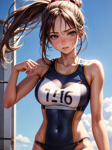 high quality,hd,16k,1girl,female track and field athlete,cute face, large breasts, slender body, delicate body, sweat,light clothing, in track and field,focus girl,detailed beautiful face,detailed clothes,beautiful eyes,cool