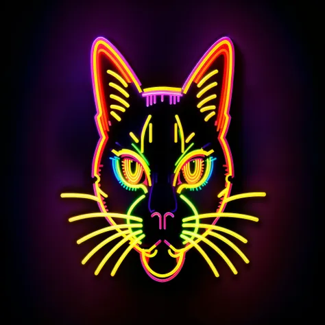 neon cat head on a black background with a purple background, beautiful neon cats, metal cat ears and glowing eyes, neon art sty...