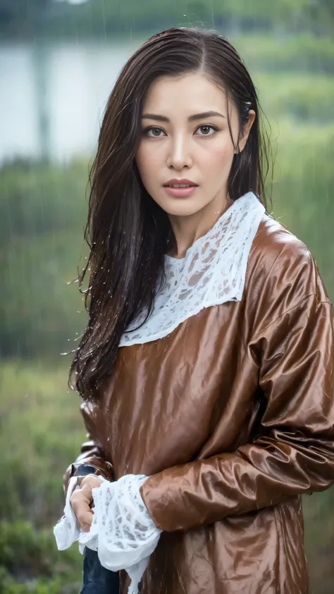 (best quality, 4k, masterpiece :1.pretty Woman, 1 girl, (, attractive body :1.2), abdominal muscles :1.1, dark brown hair: 1.1, (wet from rain, wet by rain, wet :1.2), Very rich facial details, Detailed lips, exquisite eyes, double eyelids, cowboy shooting...