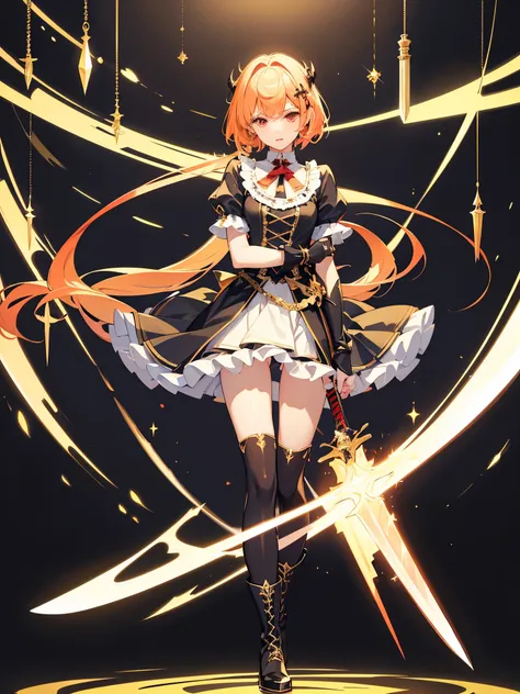 full body shot shot,Idol,portrait,individual,Knee socks,hairpin,frills,Boots that are thigh-length,Beautiful boy,Magical Boy,((crossdressing)),((two - handed sword)),short hair,red eyes,(A light lip gloss),(Yellow-haired)