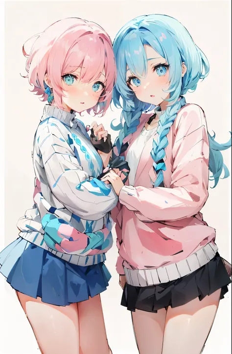 anime characters with pink hair and blue eyes standing next to each other, anime girls, two beautiful anime girls, pink and blue...