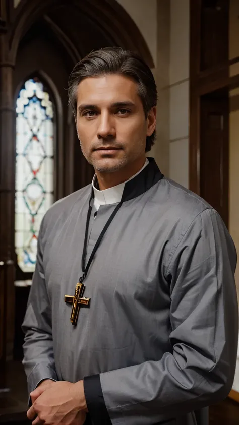 A handsome brunette male priest at the age of 40 with gray hair, no beard, his hair beautifully combed, looking at the camera