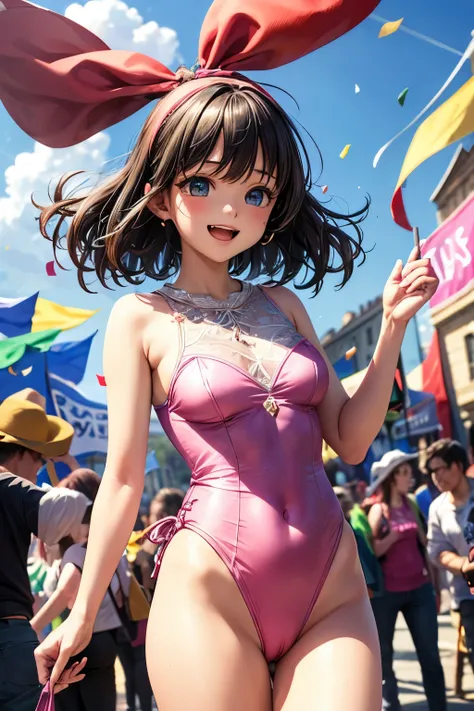 very cute and beautiful girl,(highly detailed beautiful face and eyes:1.2),(pink leotard:1.2),(sleeveless),(laugh),
festival in town street,(parade:1.2),(many people wearing pastel costume),flags,confetti in sky,outdoors,depth of field,
cowboy shot,standin...