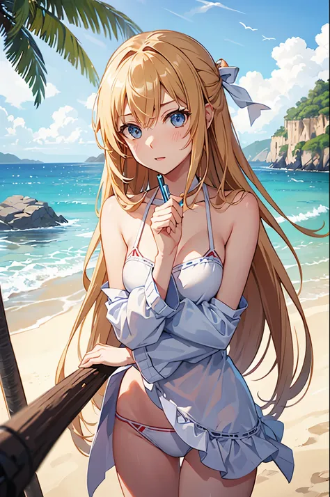 1 woman, sword art online asuna face, white bikini, flustered face, at beach, looking back.