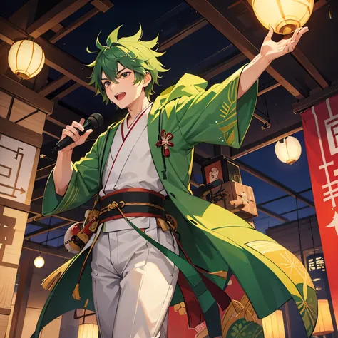 A two-dimensional animated young man around 23 years old with a vibrant deep green, olive-toned hairstyle. The characters hooded kimono is adorned with a prominent cactus pattern, making the cacti elements more pronounced and central to the design, alongsi...