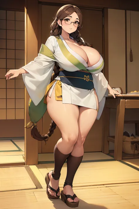 ((Giant saggy tits)),((caderas anchas)),((Chica blanca)),((Long brown hair with braids)),((brown eyes)),((thicc thights)),((gafas)),Thicc MILF,((Ropa de diosa japonesa)),((full body))