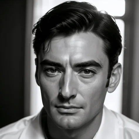 ((black and white filter)), Gregory Peck is a young male 25 years old actor who starred in the Roman Holiday film, short black hair, Gregory Peck portrait photo of a young actor: (Gregory Peck is in the black and white Roman Holiday film), hotel room, Awar...