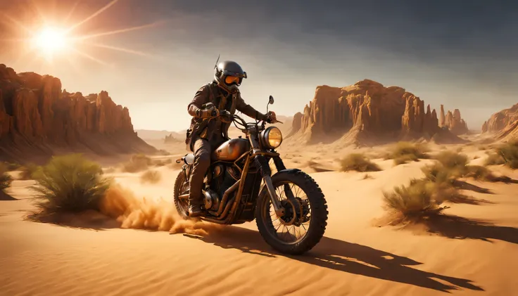 (best quality,4k,8K,high resolution,masterpiece:1.2),Super detailed,(actual,photoactual,photo-actual:1.37),desert canyon,mad max ride,Post-apocalyptic punk style motorcycle,Gritty,Hot weather,dusty wind,dune,rock formations,harsh terrain,desolate landscape...