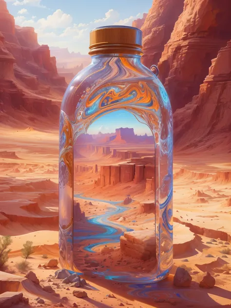 There is a bottle of water on the desert ground，There are desert canyons inside，Digital painting is very detailed，Highly detailed digital painting，Detailed painting 4k，anime art wallpaper 4k，Anime Art Wallpaper 4K，Anime Art Wallpaper 8K，Very detailed digit...