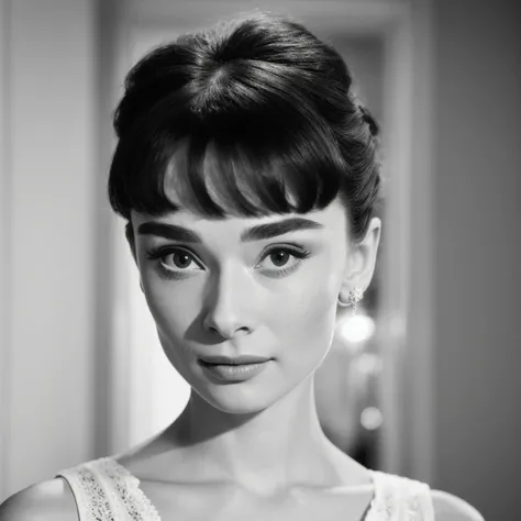 ((black and white filter)), Audrey Hepburn is a beautiful young actress who starred in the Roman Holiday film, focus on eyes, close up on face, short black hair styled cascading curls bun, Audrey Hepburn portrait photo of a beautiful young actress: (Audrey...