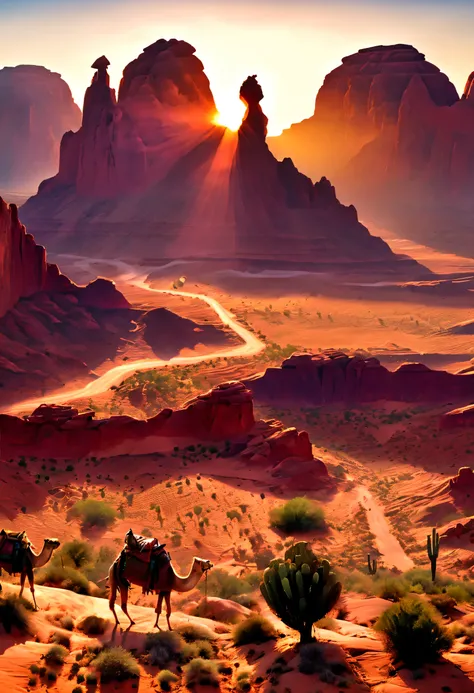 a vast desert landscape，towering red rock formations，A group of tired traders and their camel caravan trudge through rugged terrain，The harsh sun scorched them，Surrounded by vast and empty desert，The colors of the desert are vibrant，Sandstone cliffs and me...