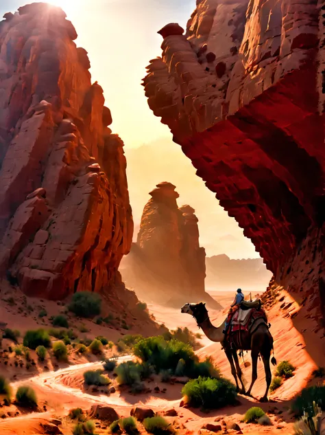 a vast desert landscape，towering red rock formations，A group of tired traders and their camel caravan trudge through rugged terrain，The harsh sun scorched them，Surrounded by vast and empty desert，The colors of the desert are vibrant，Sandstone cliffs and me...