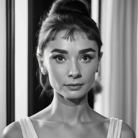 ((black and white filter)), Audrey Hepburn is a beautiful young actress who starred in the Roman Holiday film, focus on eyes, close up on face, short black hair styled cascading curls bun, Audrey Hepburn portrait photo of a beautiful young actress: (Audrey...