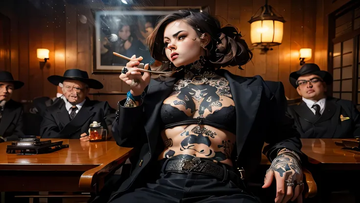 there are people sitting in a room, tabagismo, garota magra da yakuza com seios gigantescos, tatuagem de corpo inteiro, inspirado em Kanō Hōgai, Japanese gothic, Fantasia japonesa, inspirado em Kanō Takanobu, tatuagem yakuza no corpo, Chie Yoshii, Japanese...