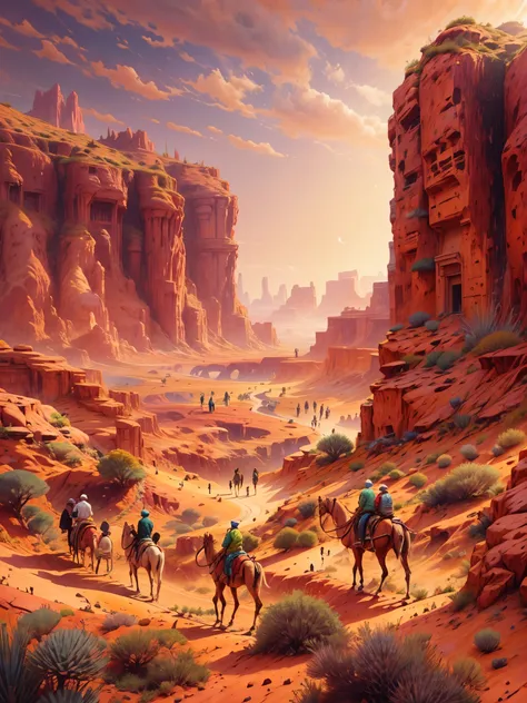 a vast desert landscape，towering red rock formations，A group of tired traders and their camel caravan trudge through rugged terrain，The harsh sun scorched them，Surrounded by vast and empty desert，The color of the desert is lifeless，Sandstone cliffs and mes...