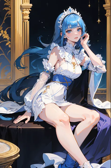 masterpiece, VERY DETAIL, PERFECT FACE, 1girl, proper clothing, nun outfit, elegant, lady, mature, tall woman, (Topaz blue hair: 1.2), ruins, sky, detailed face, cute face, detailed hair, majestic, mirage, lighting, sitting pose PRAYING, full body, BACKGRO...