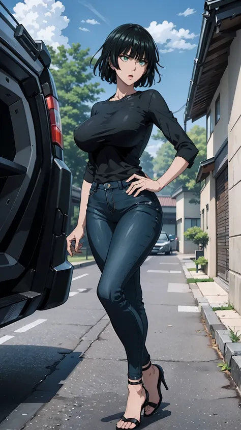 Fubuki from One Punch Man, masterpiece, best quality, 8K, UHD, ultra detailed, ,sexy pose, full body ,beatiful green eyes, beatiful hair, wearing black thight jeans , wearing a tight white box t-shirt, wearing high heels, sexy leg, sexy boobs