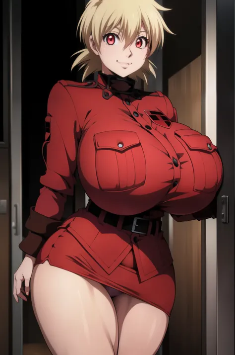 High resolution, Hellsing Ultimate art style, Seras Victoria, 1girl, ((bimbo))), short blond hair, red eyes, puffy lips, thick lips, wide hips, thick thighs, enormous round fake breast, huge ass, round fake breasts, erotic smile face, tight police uniform,...