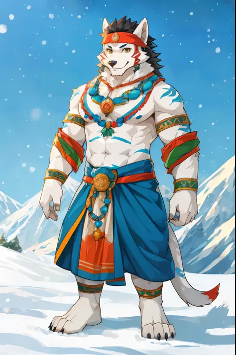 A furry werewolf with snow-white fur，The hair on the ears and tail is black。robust  male，wearing a headband，The body is painted in Indian and Eskimo styles.。Painted patterns on the body。Face painted patterns。The hair and the tip of the ears and tail are bl...