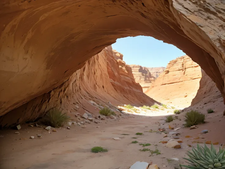 desert canyon，In a dry canyon, between sedimentary deposits, gravel-strewn desert, in dry rocky desert, between canyons, canyon in mountains, In a big desert cave, cactus，desert plants，dry arch, abyss, subtle details