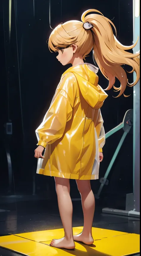 Junko in Yellow hood raincoat girl，Back view，Barefoot and barefoot，Accentuates the raincoat gel texture，Accentuates the translucent texture of the raincoat。