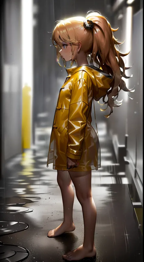 Junko A fifteen-year-old girl，Wear a yellow hooded raincoat，stand posture，full body pov，Bare legged，Barefoot，Standing in heavy rain，Accentuate the texture of raincoats and gelcoats，Accentuates the translucent texture of the raincoat