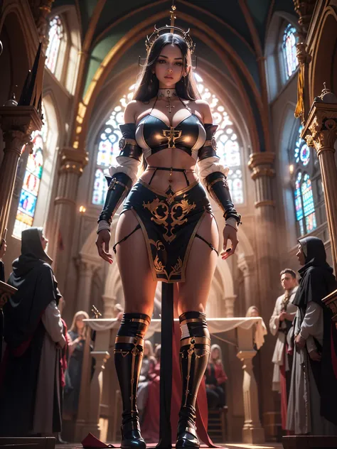 young beautiful woman, flawless skin, smooth skin, very large firm breasts, perfect proportions, bikini style metal armor, she is tied to a cross, on an altar in a church, dark, medieval, anime, sexy, erotic, UHD resolution, realistic detail, realistic ref...