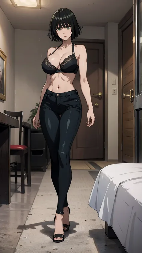 Fubuki from One Punch Man, masterpiece, best quality, 8K, UHD, ultra detailed, ,sexy pose, full body ,beatiful eyes, beatiful hair, wearing black thight jeans , wearing black bra, wearing high heels, sexy leg, sexy boobs, in home